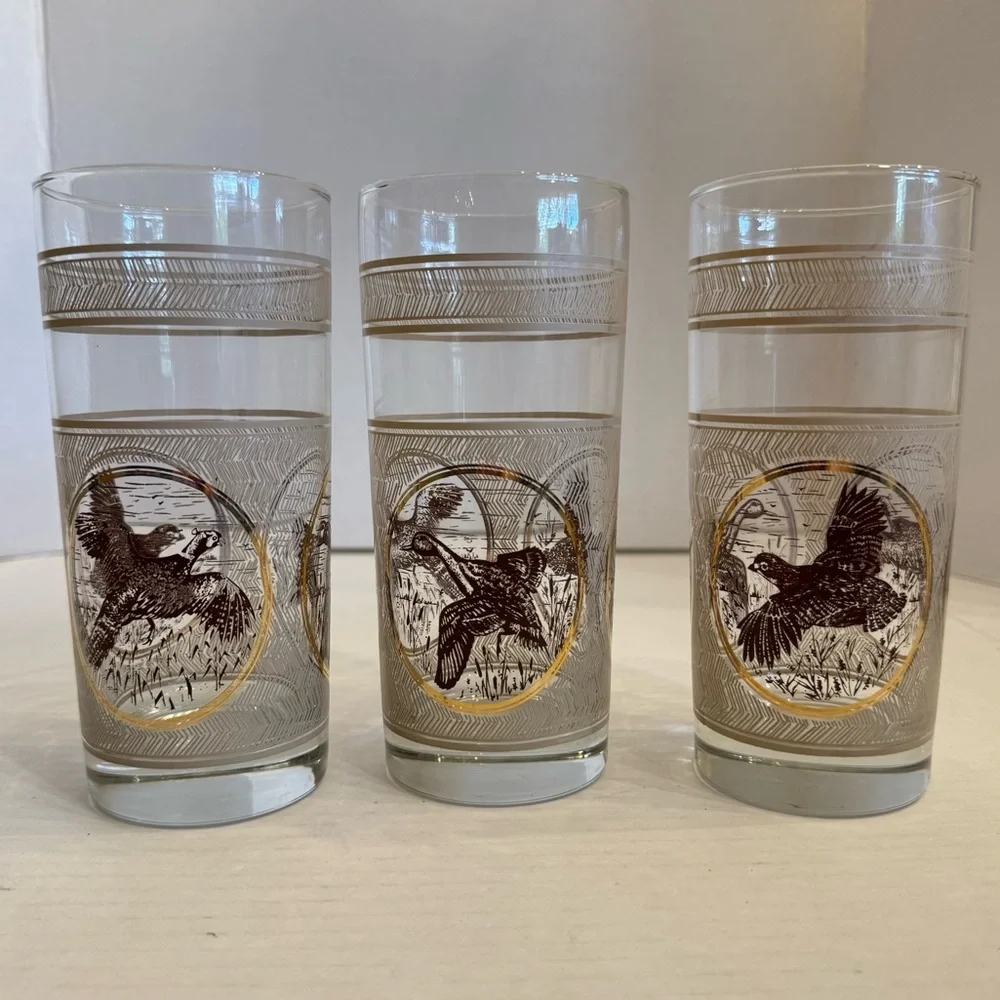 3 VTG 1970s MCM Libbey Highball Pheasant Glasses Game birds Brown Gold